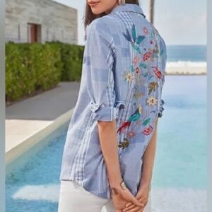 Johnny Was Zanzibar Button Down Shirt Floral Bird Embroidery Plaid Snaps Size XS